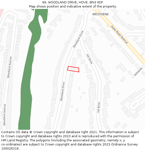 99, WOODLAND DRIVE, HOVE, BN3 6DF: Location map and indicative extent of plot