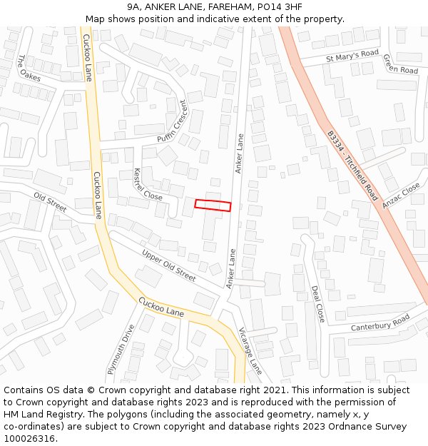 9A, ANKER LANE, FAREHAM, PO14 3HF: Location map and indicative extent of plot