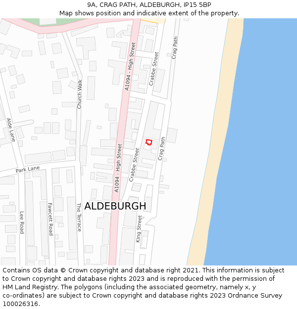 9A, CRAG PATH, ALDEBURGH, IP15 5BP: Location map and indicative extent of plot