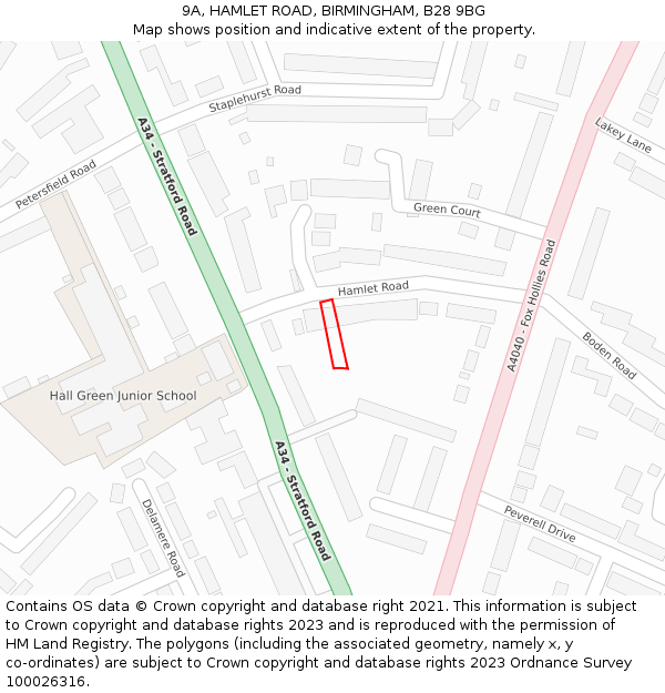 9A, HAMLET ROAD, BIRMINGHAM, B28 9BG: Location map and indicative extent of plot