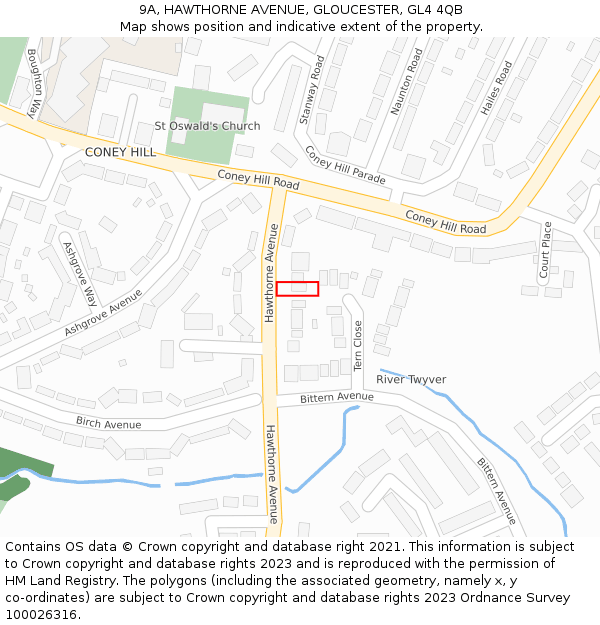 9A, HAWTHORNE AVENUE, GLOUCESTER, GL4 4QB: Location map and indicative extent of plot