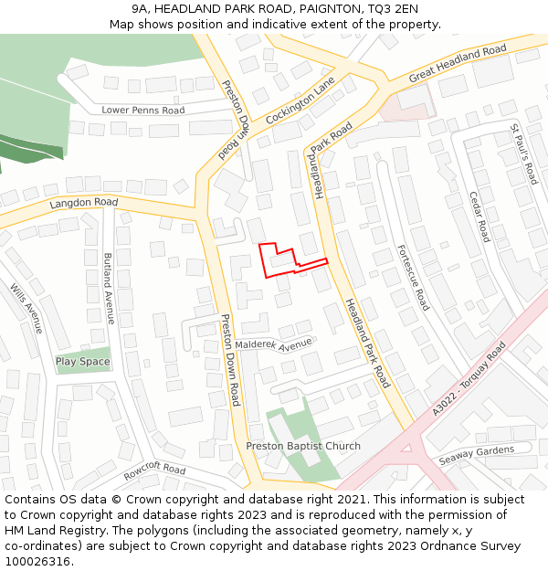9A, HEADLAND PARK ROAD, PAIGNTON, TQ3 2EN: Location map and indicative extent of plot