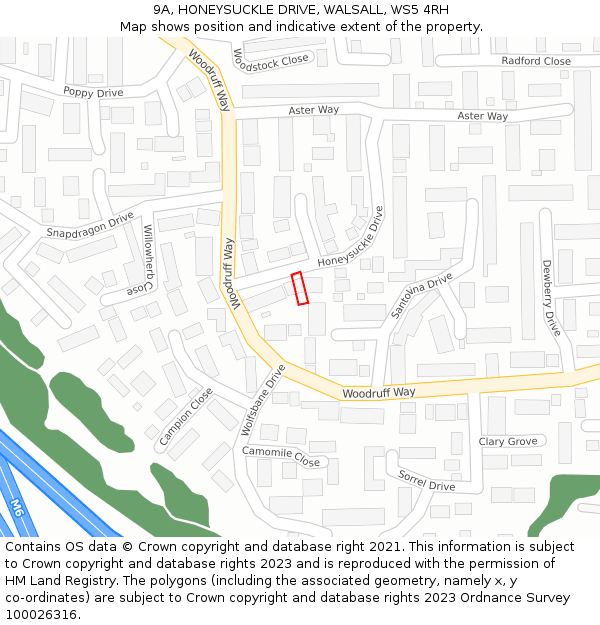 9A, HONEYSUCKLE DRIVE, WALSALL, WS5 4RH: Location map and indicative extent of plot
