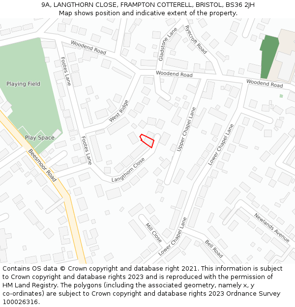 9A, LANGTHORN CLOSE, FRAMPTON COTTERELL, BRISTOL, BS36 2JH: Location map and indicative extent of plot