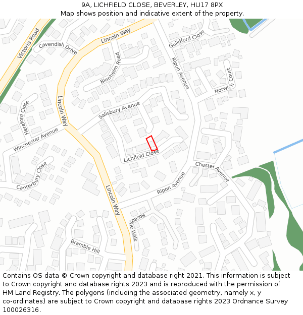 9A, LICHFIELD CLOSE, BEVERLEY, HU17 8PX: Location map and indicative extent of plot