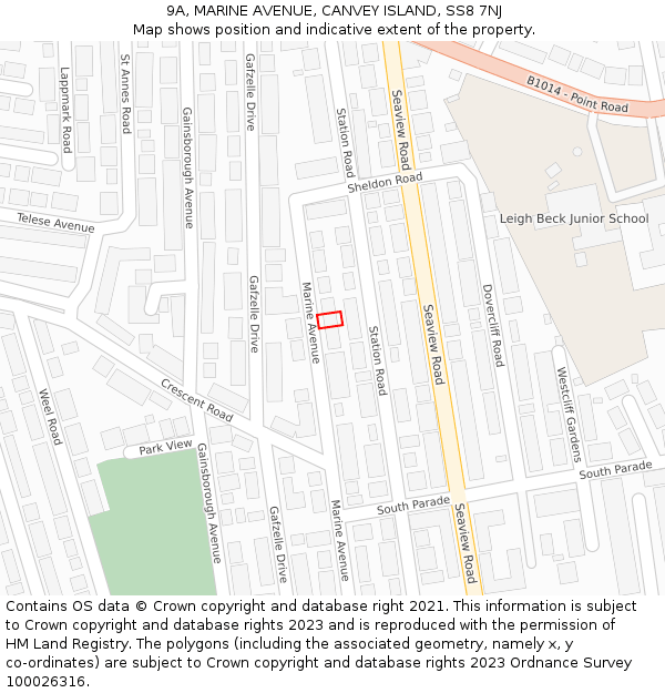 9A, MARINE AVENUE, CANVEY ISLAND, SS8 7NJ: Location map and indicative extent of plot