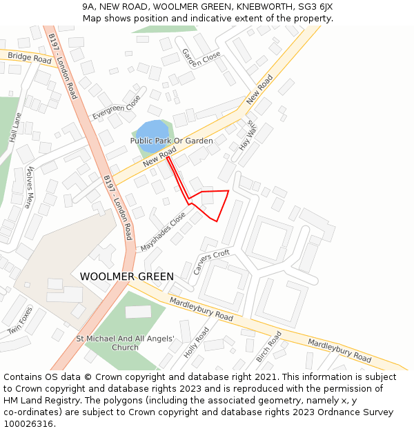 9A, NEW ROAD, WOOLMER GREEN, KNEBWORTH, SG3 6JX: Location map and indicative extent of plot