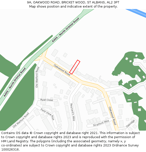 9A, OAKWOOD ROAD, BRICKET WOOD, ST ALBANS, AL2 3PT: Location map and indicative extent of plot