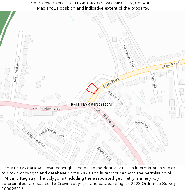 9A, SCAW ROAD, HIGH HARRINGTON, WORKINGTON, CA14 4LU: Location map and indicative extent of plot