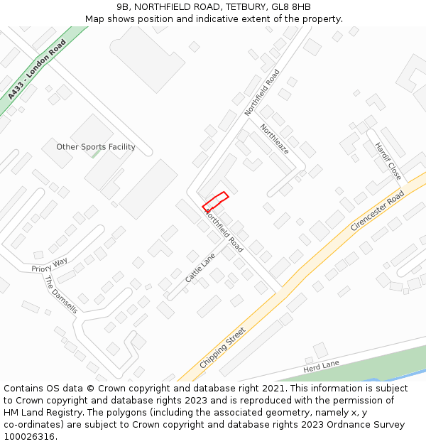 9B, NORTHFIELD ROAD, TETBURY, GL8 8HB: Location map and indicative extent of plot