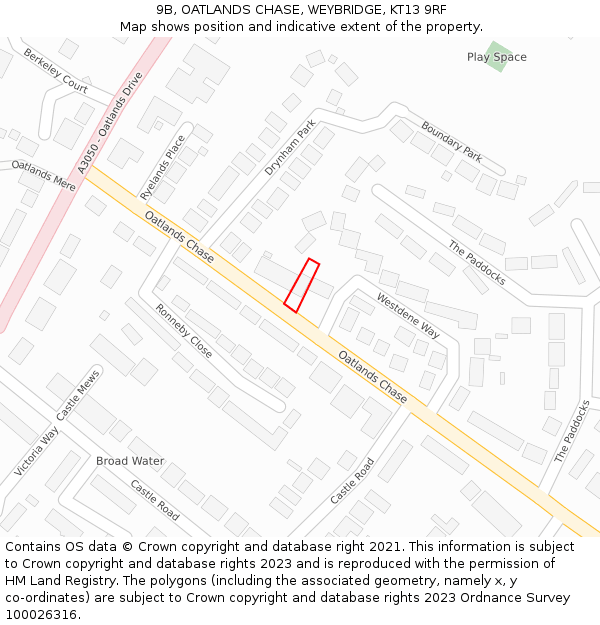 9B, OATLANDS CHASE, WEYBRIDGE, KT13 9RF: Location map and indicative extent of plot