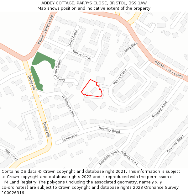 ABBEY COTTAGE, PARRYS CLOSE, BRISTOL, BS9 1AW: Location map and indicative extent of plot