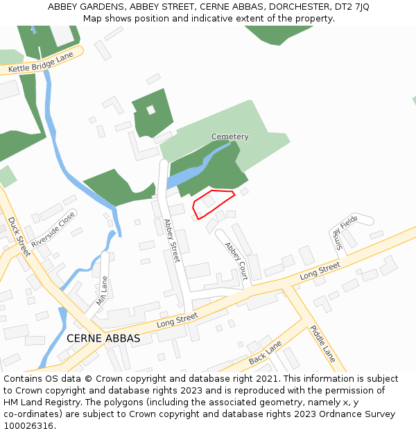 ABBEY GARDENS, ABBEY STREET, CERNE ABBAS, DORCHESTER, DT2 7JQ: Location map and indicative extent of plot