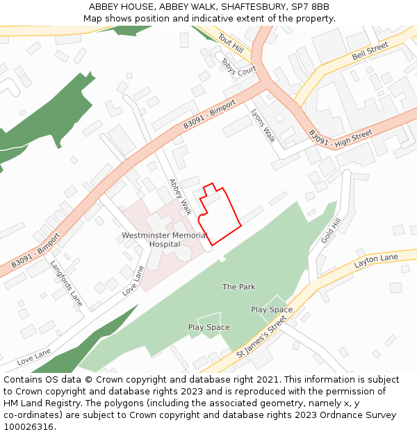 ABBEY HOUSE, ABBEY WALK, SHAFTESBURY, SP7 8BB: Location map and indicative extent of plot