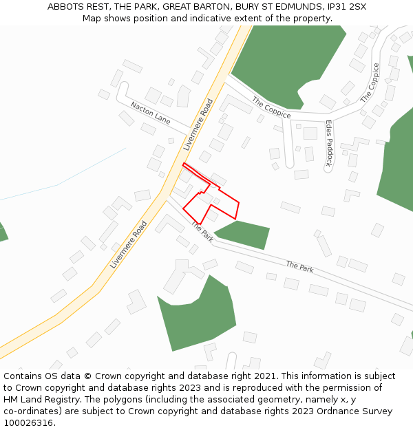 ABBOTS REST, THE PARK, GREAT BARTON, BURY ST EDMUNDS, IP31 2SX: Location map and indicative extent of plot