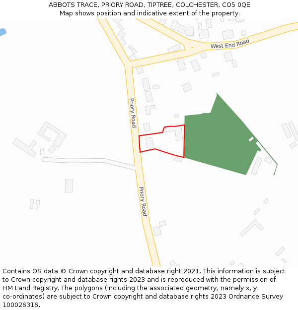 ABBOTS TRACE, PRIORY ROAD, TIPTREE, COLCHESTER, CO5 0QE: Location map and indicative extent of plot