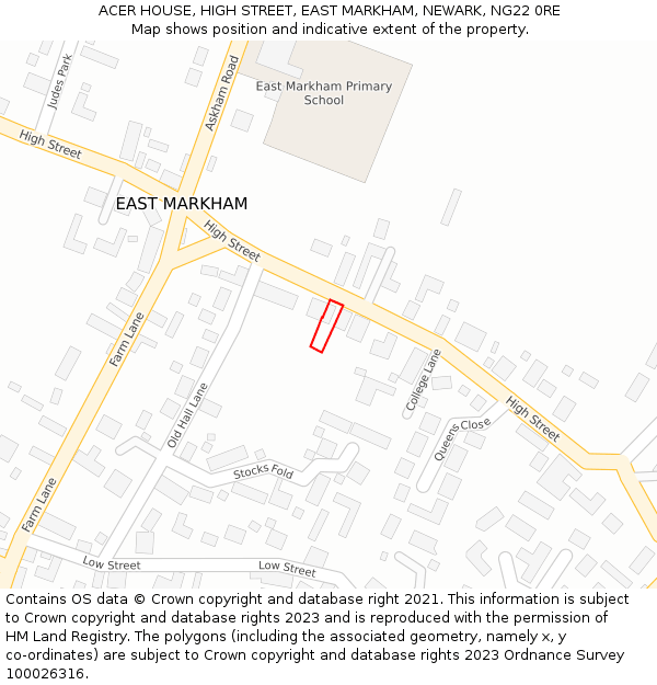 ACER HOUSE, HIGH STREET, EAST MARKHAM, NEWARK, NG22 0RE: Location map and indicative extent of plot