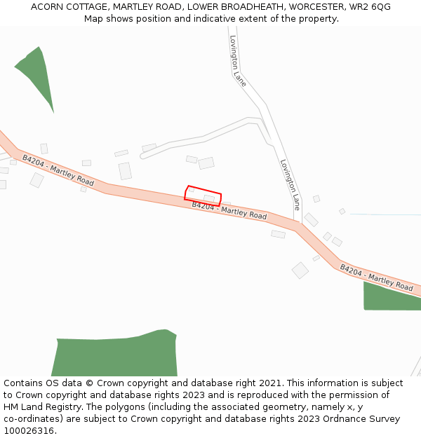 ACORN COTTAGE, MARTLEY ROAD, LOWER BROADHEATH, WORCESTER, WR2 6QG: Location map and indicative extent of plot
