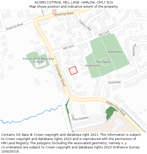 ACORN COTTAGE, MILL LANE, HARLOW, CM17 0LN: Location map and indicative extent of plot