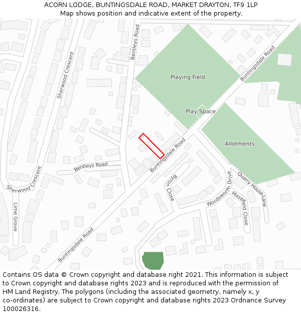 ACORN LODGE, BUNTINGSDALE ROAD, MARKET DRAYTON, TF9 1LP: Location map and indicative extent of plot