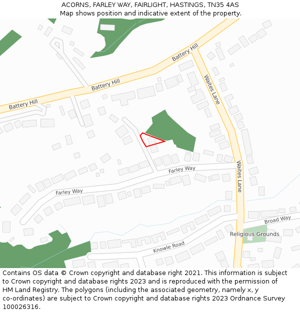 ACORNS, FARLEY WAY, FAIRLIGHT, HASTINGS, TN35 4AS: Location map and indicative extent of plot