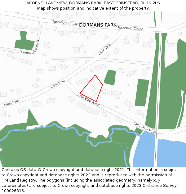 ACORNS, LAKE VIEW, DORMANS PARK, EAST GRINSTEAD, RH19 2LS: Location map and indicative extent of plot