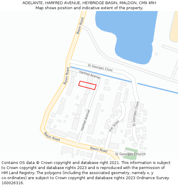 ADELANTE, HARFRED AVENUE, HEYBRIDGE BASIN, MALDON, CM9 4RH: Location map and indicative extent of plot