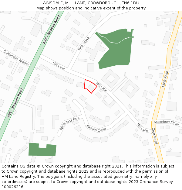 AINSDALE, MILL LANE, CROWBOROUGH, TN6 1DU: Location map and indicative extent of plot