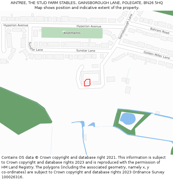 AINTREE, THE STUD FARM STABLES, GAINSBOROUGH LANE, POLEGATE, BN26 5HQ: Location map and indicative extent of plot