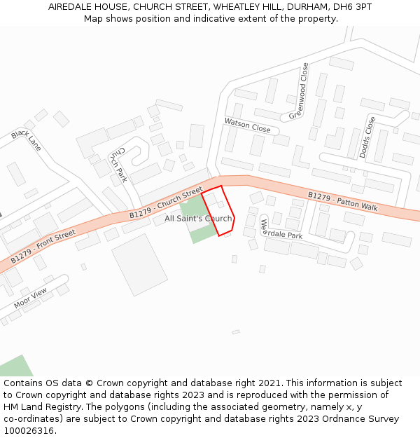 AIREDALE HOUSE, CHURCH STREET, WHEATLEY HILL, DURHAM, DH6 3PT: Location map and indicative extent of plot
