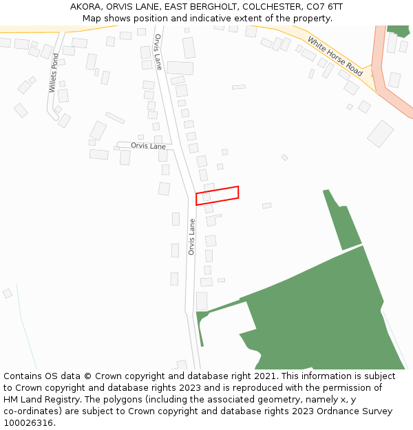 AKORA, ORVIS LANE, EAST BERGHOLT, COLCHESTER, CO7 6TT: Location map and indicative extent of plot