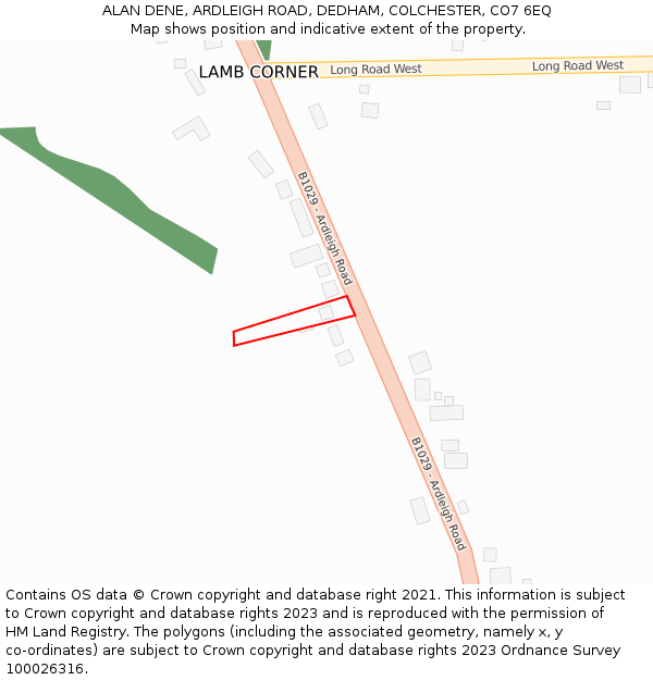 ALAN DENE, ARDLEIGH ROAD, DEDHAM, COLCHESTER, CO7 6EQ: Location map and indicative extent of plot