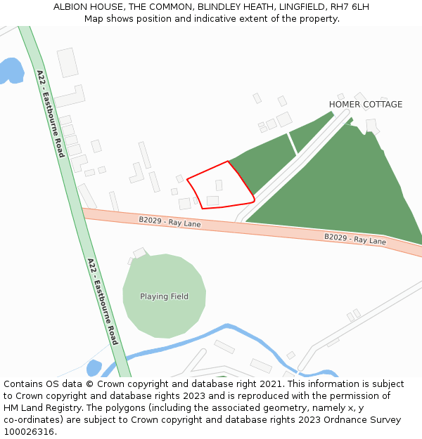 ALBION HOUSE, THE COMMON, BLINDLEY HEATH, LINGFIELD, RH7 6LH: Location map and indicative extent of plot