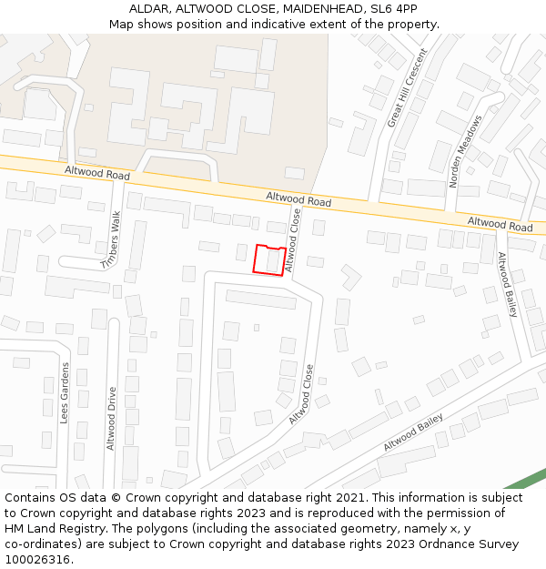 ALDAR, ALTWOOD CLOSE, MAIDENHEAD, SL6 4PP: Location map and indicative extent of plot