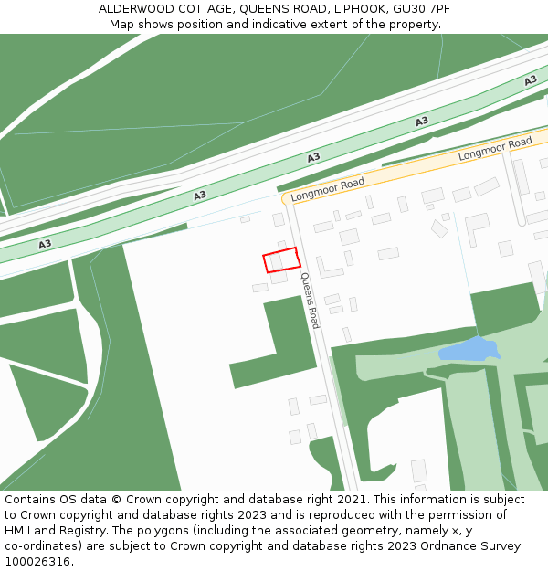 ALDERWOOD COTTAGE, QUEENS ROAD, LIPHOOK, GU30 7PF: Location map and indicative extent of plot