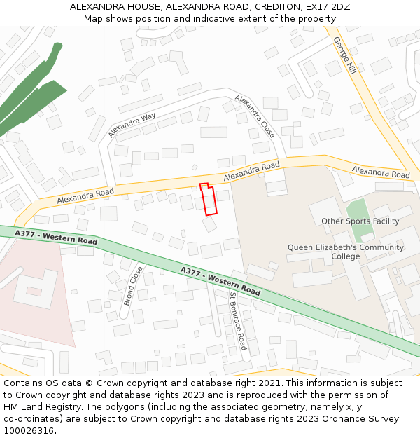 ALEXANDRA HOUSE, ALEXANDRA ROAD, CREDITON, EX17 2DZ: Location map and indicative extent of plot