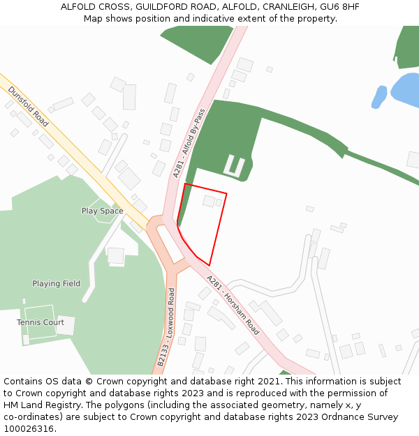 ALFOLD CROSS, GUILDFORD ROAD, ALFOLD, CRANLEIGH, GU6 8HF: Location map and indicative extent of plot