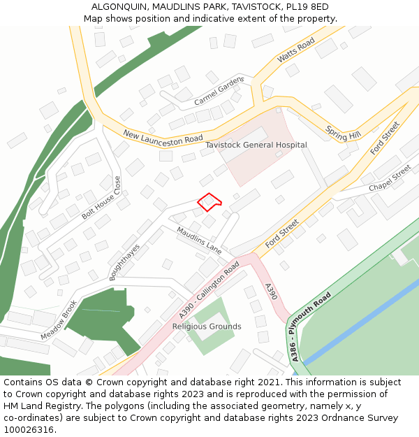 ALGONQUIN, MAUDLINS PARK, TAVISTOCK, PL19 8ED: Location map and indicative extent of plot