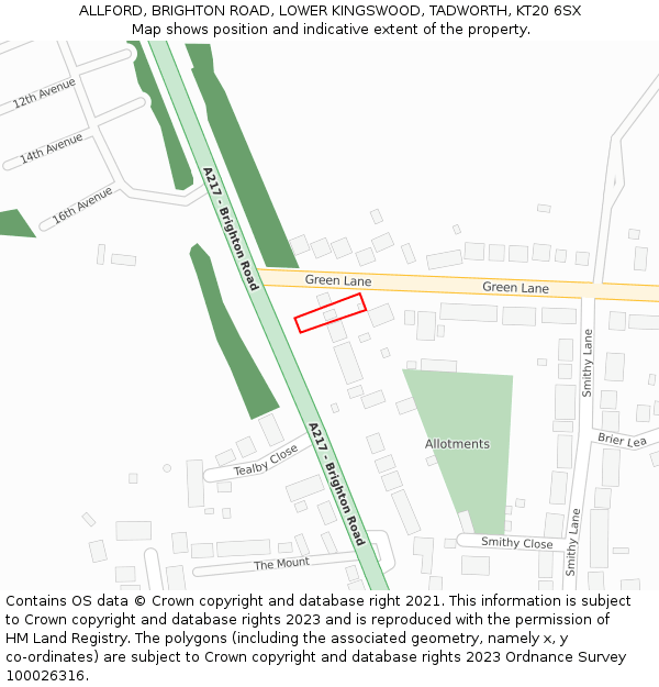 ALLFORD, BRIGHTON ROAD, LOWER KINGSWOOD, TADWORTH, KT20 6SX: Location map and indicative extent of plot