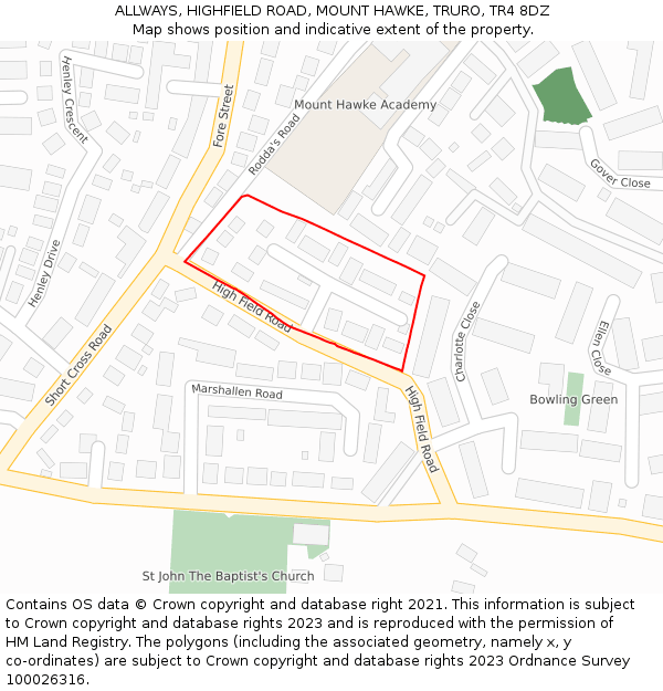 ALLWAYS, HIGHFIELD ROAD, MOUNT HAWKE, TRURO, TR4 8DZ: Location map and indicative extent of plot