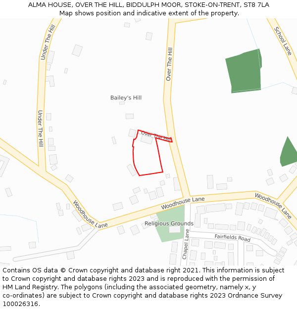 ALMA HOUSE, OVER THE HILL, BIDDULPH MOOR, STOKE-ON-TRENT, ST8 7LA: Location map and indicative extent of plot