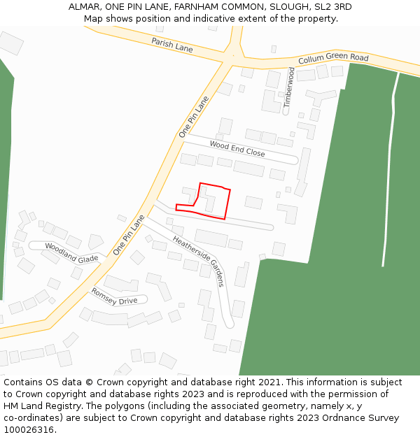 ALMAR, ONE PIN LANE, FARNHAM COMMON, SLOUGH, SL2 3RD: Location map and indicative extent of plot