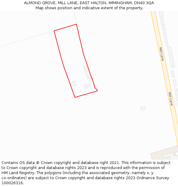 ALMOND GROVE, MILL LANE, EAST HALTON, IMMINGHAM, DN40 3QA: Location map and indicative extent of plot