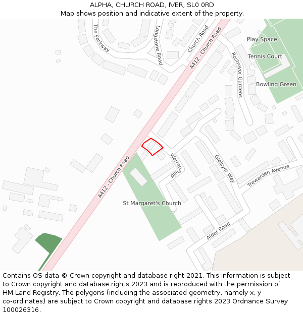 ALPHA, CHURCH ROAD, IVER, SL0 0RD: Location map and indicative extent of plot