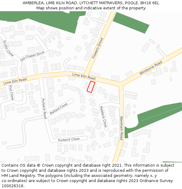 AMBERLEA, LIME KILN ROAD, LYTCHETT MATRAVERS, POOLE, BH16 6EL: Location map and indicative extent of plot