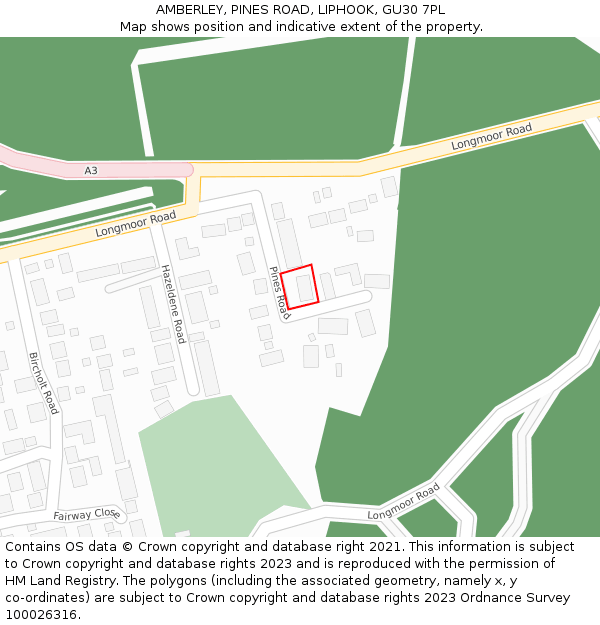 AMBERLEY, PINES ROAD, LIPHOOK, GU30 7PL: Location map and indicative extent of plot