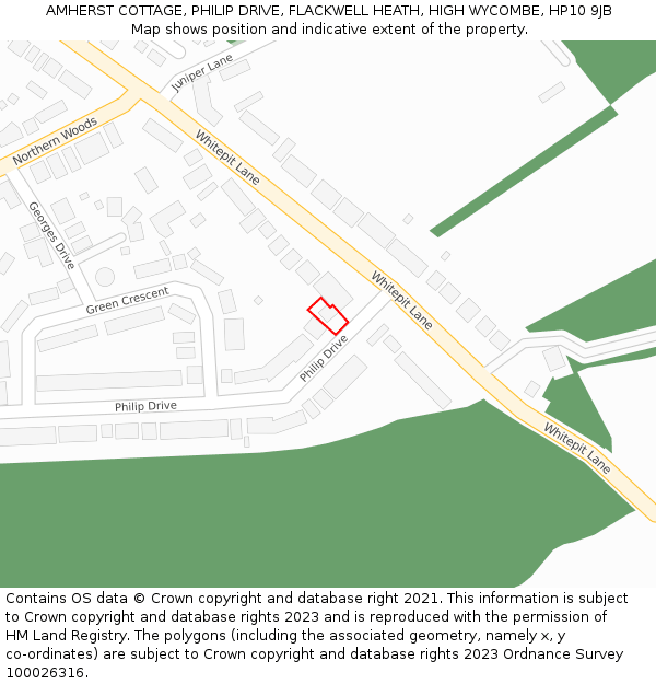 AMHERST COTTAGE, PHILIP DRIVE, FLACKWELL HEATH, HIGH WYCOMBE, HP10 9JB: Location map and indicative extent of plot