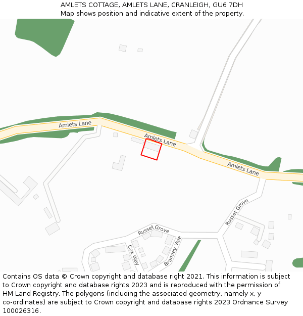 AMLETS COTTAGE, AMLETS LANE, CRANLEIGH, GU6 7DH: Location map and indicative extent of plot