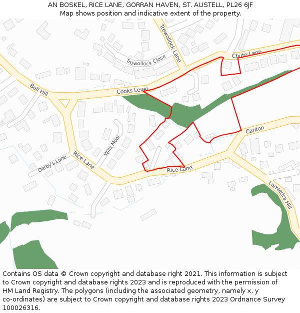 AN BOSKEL, RICE LANE, GORRAN HAVEN, ST. AUSTELL, PL26 6JF: Location map and indicative extent of plot