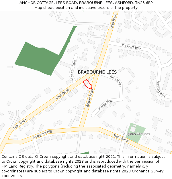 ANCHOR COTTAGE, LEES ROAD, BRABOURNE LEES, ASHFORD, TN25 6RP: Location map and indicative extent of plot